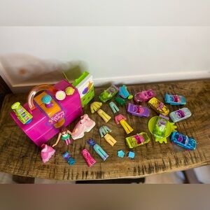 Polly Pocket Lot – Doll, 9 Cars, Outfits, Bed & Armoire Accessories
